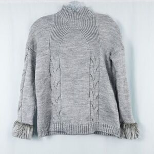 Toda Bella Wool Blend Cable Sweater Womens Small Gray Faux Fur Cuffs Mock‎ Neck